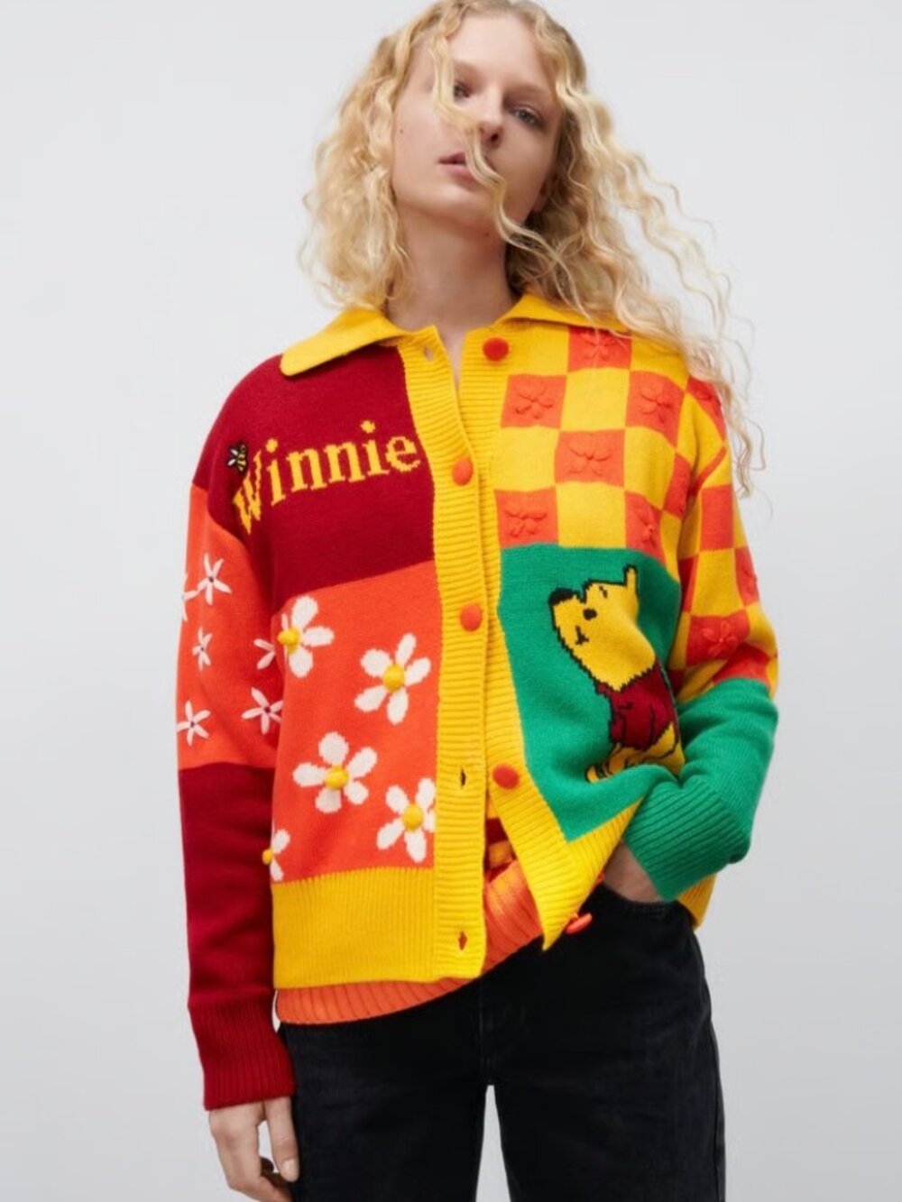 Zara Disney Winnie the Pooh Cardigan Colorblock Jacquard Jacket Size Medium GUC